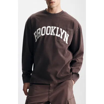 Brooklyn Industries Loose Fit Collegiate Logo Cotton Graphic Long Sleeve T-shirt In Brown