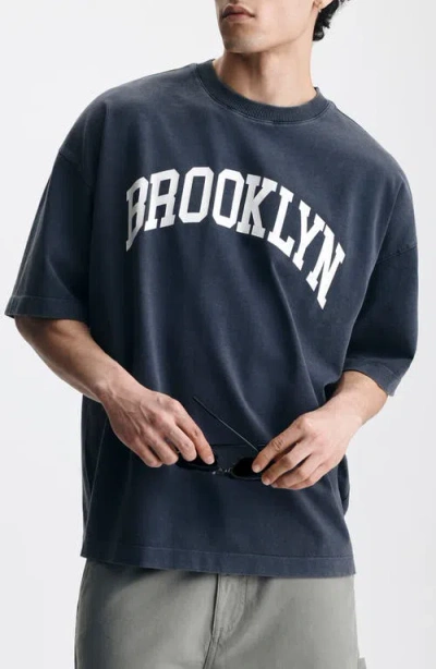 Brooklyn Industries Loose Fit Collegiate Logo Cotton Graphic T-shirt In Blue