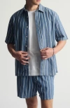 Brooklyn Industries Stripe Short Sleeve Cotton Button-up Shirt In Blue