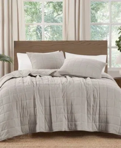 Brooklyn Loom Matte Cotton Velvet Box Stitch 3 Piece Quilt Sets In Brown