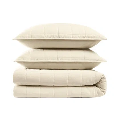 Brooklyn Loom Matte Cotton Velvet Box Stitch Quilt Set In Off-white