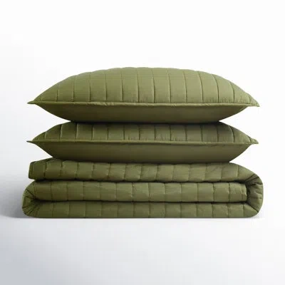 Brooklyn Loom Oversized Cotton Percale 3 Piece Quilt Set In Olive Green