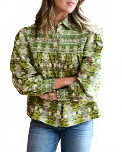 Brooks Avenue Penelope Smocked Blouse In Camo In Green