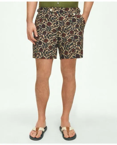 Brooks Brothers 5" Newport Printed Swim Trunks In Khaki