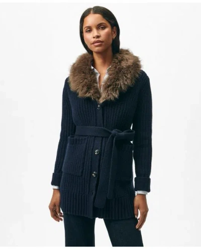 Brooks Brothers Belted Removable Faux-fur-collar Tunic Cardigan In Merino Wool-cashmere Blend Sweater In Navy