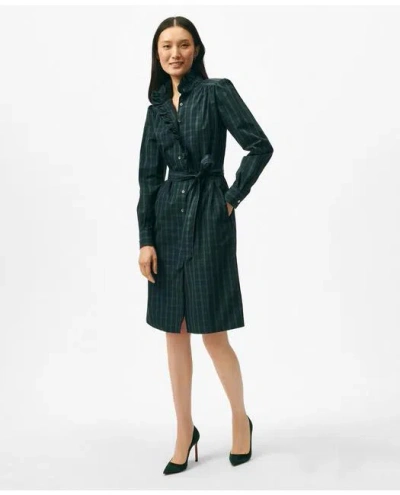 Brooks Brothers Belted Ruffle-detail Shirt Dress In Black Watch Supima Cotton In Navy/green