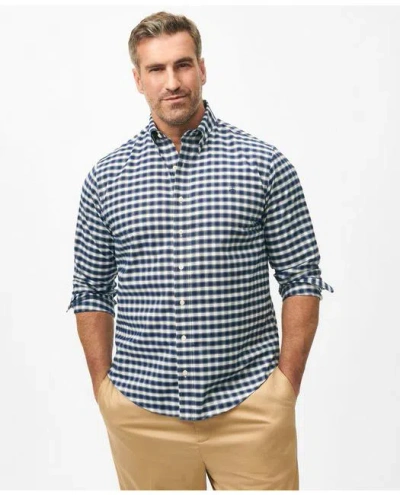 Brooks Brothers Big & Tall Stretch Cotton Non-iron Oxford Polo Button Down Collar, Outline Check Shirt In Navy