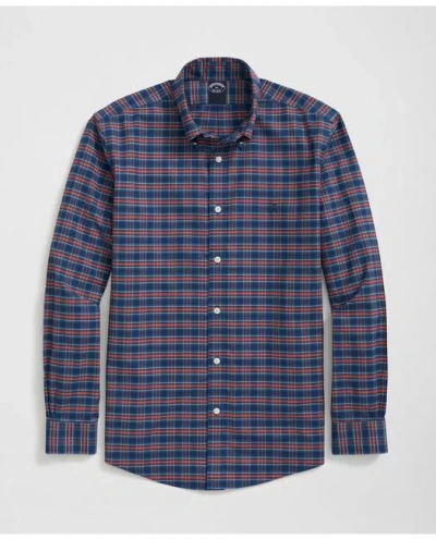 Brooks Brothers Big & Tall Stretch Cotton Non-iron Oxford Polo Button Down Collar, Tartan Shirt In Navy