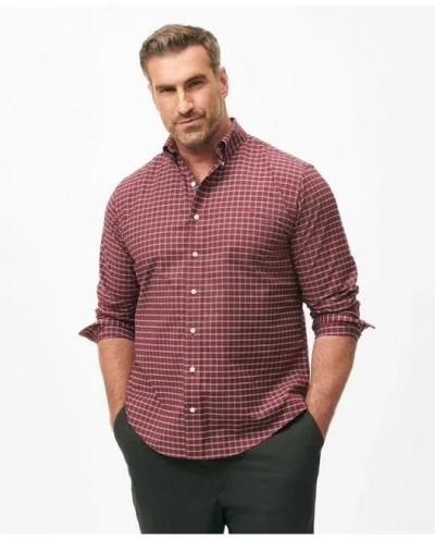 Brooks Brothers Big & Tall Stretch Cotton Non-iron Oxford Polo Button Down Collar, Windowpane Shirt In Dark Red