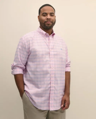 Brooks Brothers Big & Tall Stretch Cotton Non-iron Oxford Polo Button Down Collar, Windowpane Shirt In Light Pink