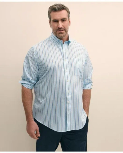 Brooks Brothers Big & Tall Stretch Cotton Non-iron Polo Button Down Collar, Alternating Stripe Shirt In Turquoise