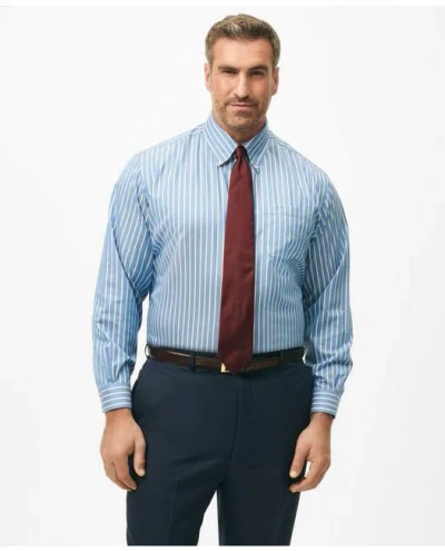 Brooks Brothers Big & Tall Stretch Supima Cotton Non-iron Twill Polo Button Down Collar, Ground Stripe Dress Shirt In Blue
