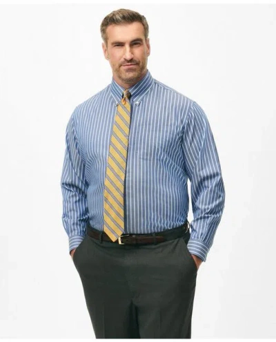 Brooks Brothers Big & Tall Stretch Supima Cotton Non-iron Twill Polo Button Down Collar, Ground Stripe Dress Shirt In Navy