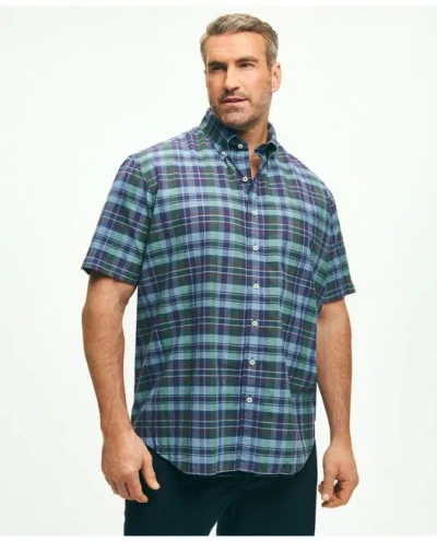 Brooks Brothers Big & Tall Washed Cotton Madras Short Sleeve Button-down Collar Sport Shirt | Dark Blue | Size 2x Ta