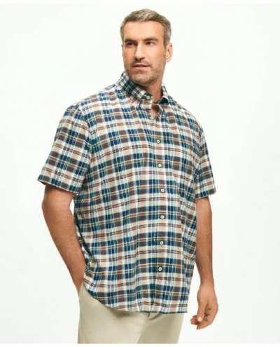 Brooks Brothers Big & Tall Washed Cotton Madras Short Sleeve Button-down Collar Sport Shirt In Light Brown