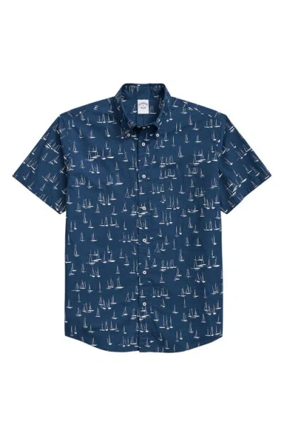 Brooks Brothers Boat Print Short Sleeve Cotton Button-down Shirt In Blue/white