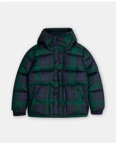 Brooks Brothers Kids'  Boys Plaid Puffer Coat With Removable Hood In Navy/green