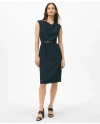 Brooks Brothers Cap Sleeve Belted Cowl Neck Dress In Fine Twill Stretch Crepe In Navy