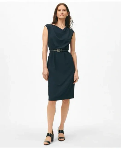 Brooks Brothers Cap Sleeve Belted Cowl Neck Dress In Fine Twill Stretch Crepe In Navy