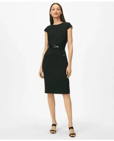 Brooks Brothers Cap Sleeve Belted Welt-pocket Dress In Fine Twill Stretch Crepe In Black