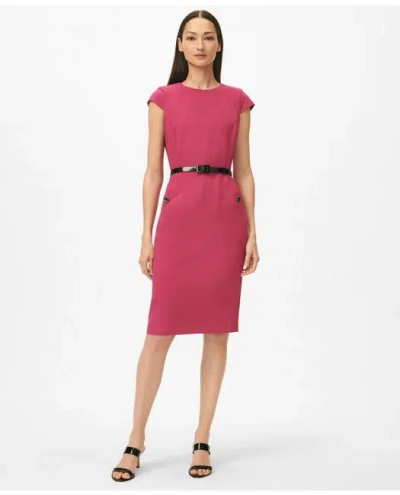 Brooks Brothers Cap Sleeve Belted Welt-pocket Dress In Fine Twill Stretch Crepe In Fuchsia