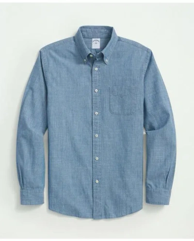 Brooks Brothers Chambray Cotton Poplin Polo Button Down Collar, Sport Shirt In Light Blue