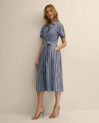 Brooks Brothers Chambray Floral-stripe Embroidered Belted Shirt Dress In Multi