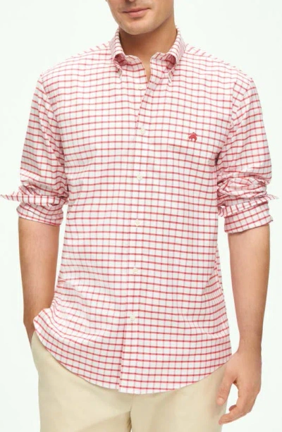 Brooks Brothers Check Stretch Button-down Oxford Shirt In Red/ White