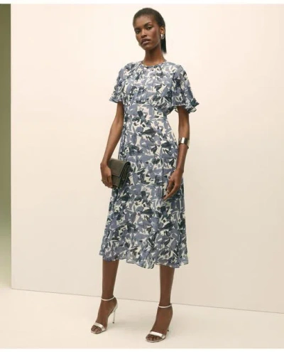 Brooks Brothers Chiffon Floral Flutter Sleeve Dress In Blue