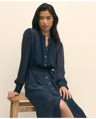 Brooks Brothers Chiffon Pleated Ruffle Detail Belted Shirt Dress In Navy