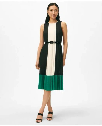 Brooks Brothers Colorblock Pleated Belted Dress In Crepe In Black