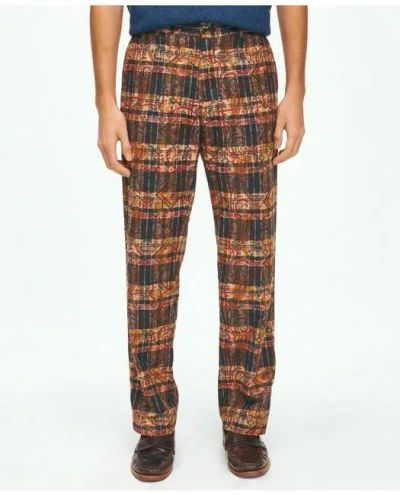Brooks Brothers Cotton Madras Pants In Slub Overprint Pattern In Brown