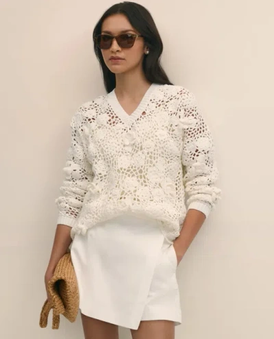 Brooks Brothers Cotton Openwork Hand Crocheted Sweater In White