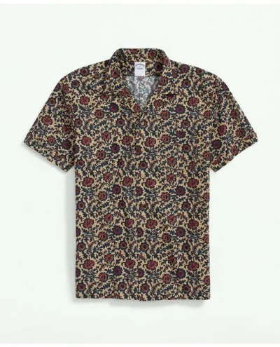 Brooks Brothers Cotton Short Sleeve Camp Collar Shirt In Batik-inspired Floral Print | Khaki | Size Large