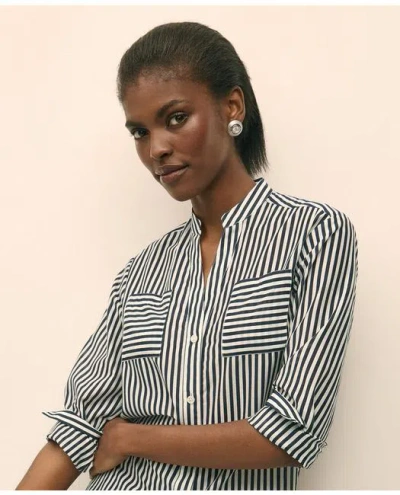 Brooks Brothers Cotton-silk Striped Blouse In Navy