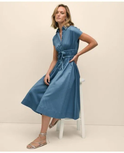 Brooks Brothers Cotton Smocked Waist Cap-sleeve Shirt Dress In Medium Blue
