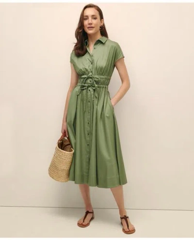 Brooks Brothers Cotton Smocked Waist Cap-sleeve Shirt Dress In Sage Green