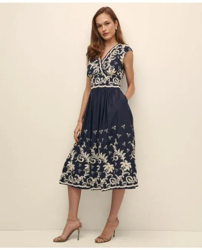 Brooks Brothers Cotton Voile Embroidered Short-sleeve Fit-and-flare Dress In Navy