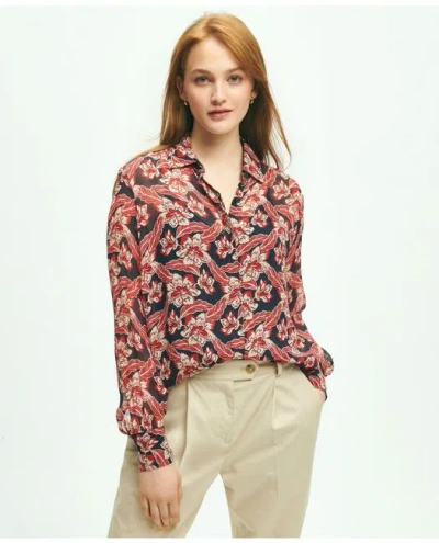 Brooks Brothers Crinkle Chiffon Tropical Floral Print Blouse In Navy