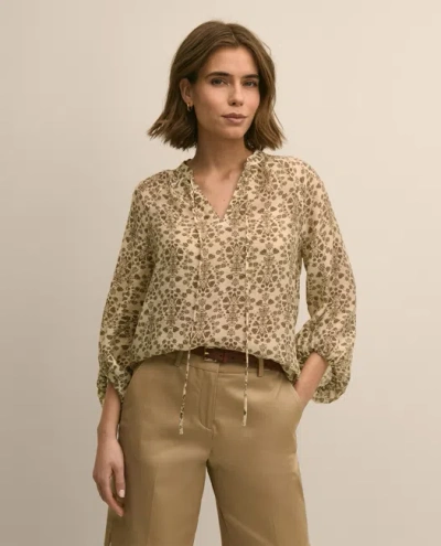 Brooks Brothers Crinkle Texture Floral Popover Blouse In Gold