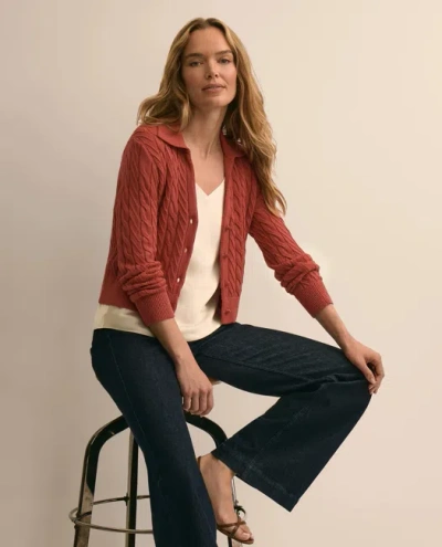 Brooks Brothers Cropped Cotton Cable-knit Polo Cardigan Sweater In Berry