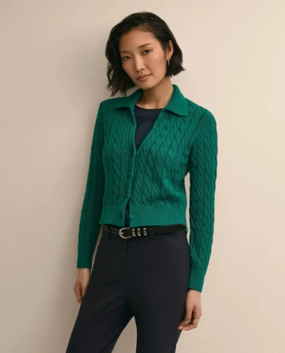 Brooks Brothers Cropped Cotton Cable-knit Polo Cardigan Sweater In Turquoise