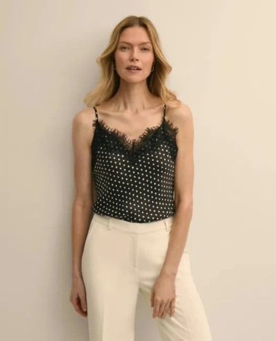 Brooks Brothers Dot-print Lace-trim Cami In Silk Charmeuse In Black