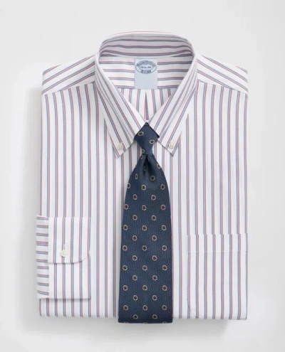 Brooks Brothers Explorer Collection Non-iron Twill Polo Button Down Collar, Triple Stripe Dress Shirt In Blue