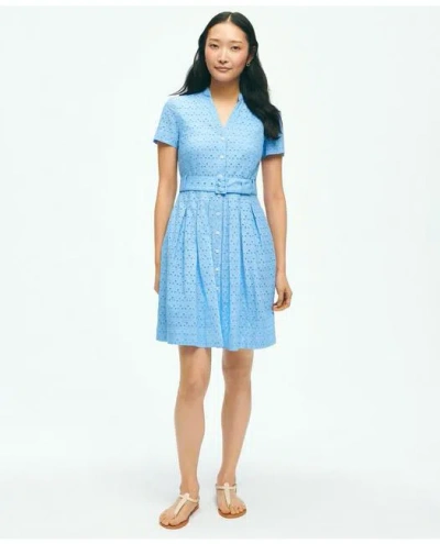 Brooks Brothers Eyelet Belted Shirt Dress In Cotton | Bright Blue | Size 8