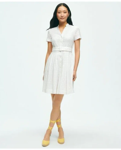 Brooks Brothers Eyelet Belted Shirt Dress In Cotton | White | Size 2