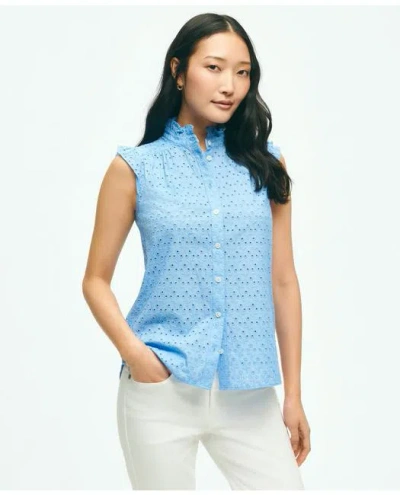 Brooks Brothers Eyelet Flutter Sleeve Blouse In Cotton In Bright Blue