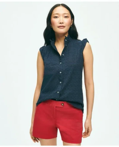 Brooks Brothers Eyelet Flutter Sleeve Blouse In Cotton In Navy