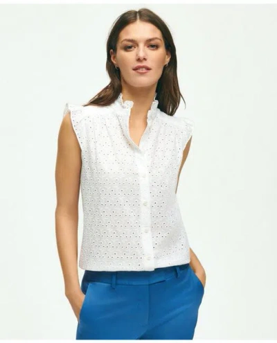 Brooks Brothers Eyelet Flutter Sleeve Blouse In Cotton | White | Size 8