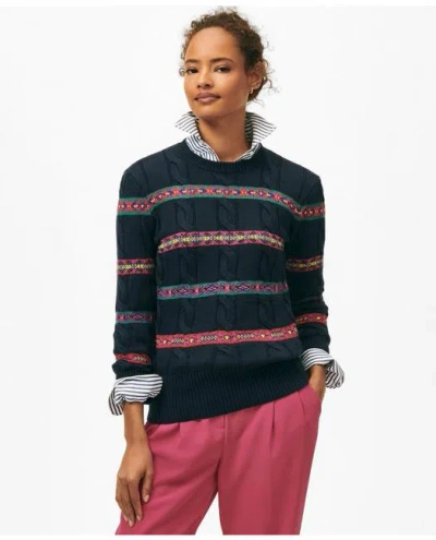 Brooks Brothers Fair Isle Sweater In Jersey Cotton In Navy